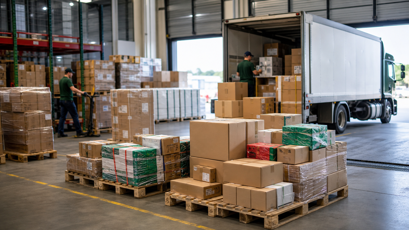 Pallets e caixas organizados para transporte fracionado
